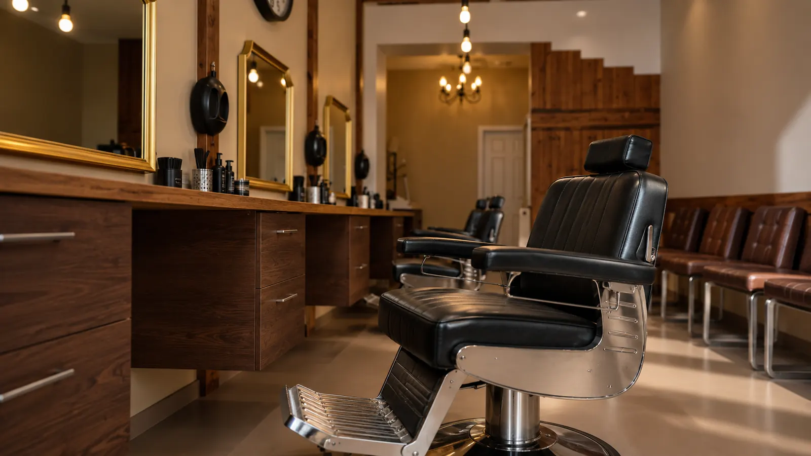 Schwarzer Barbierstuhl im Friseursalon Phoenicia, dahinter Spiegel mit Goldrahmen an der Holztheke