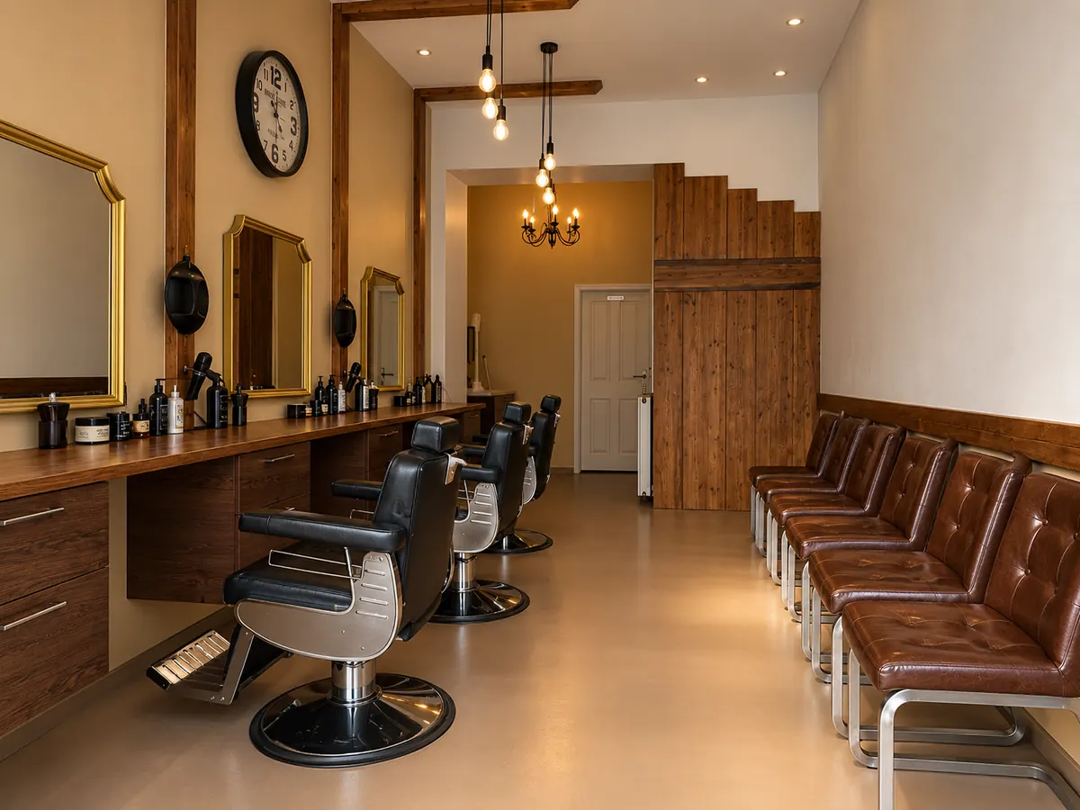 Der Salon in hellem Licht: drei Barbierstühle, Spiegel mit Goldrahmen, Wanduhr und braune Wartesessel