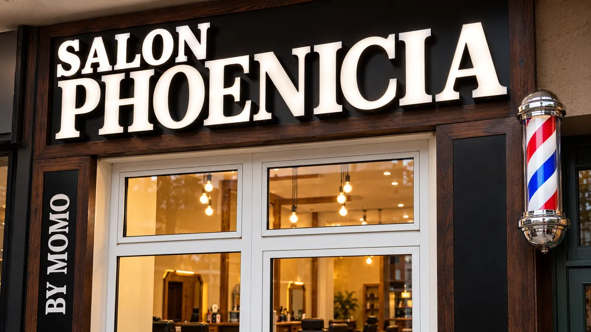 Eingang mit dem Schriftzug Salon Phoenicia, seitlich By Momo, rechts eine rot-weiß-blaue Friseursäule